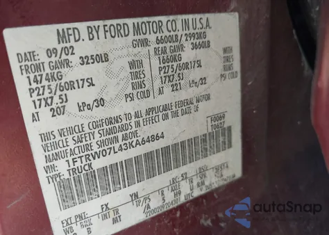 2003 Ford F-150 Lariat/Xlt z USA, uszkodzony, nr VIN 1FTRW07L43KA64864